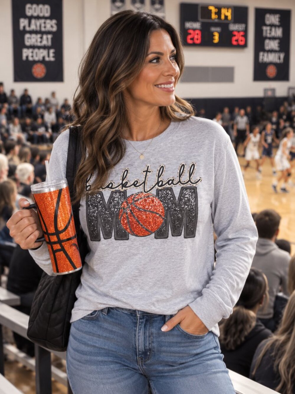 Basketball Mom Long Sleeve Graphic Tee Gray Game Day Shirt 100% Cotton